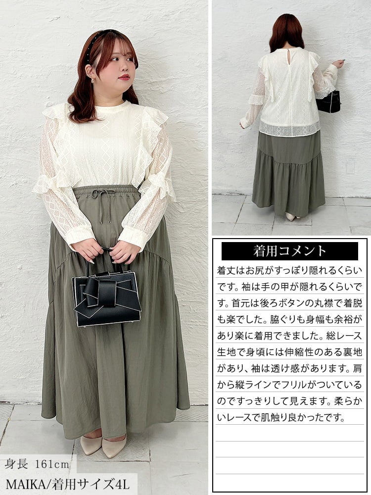 大きいサイズ レディース フリルショルダー幾何学柄レースブラウス