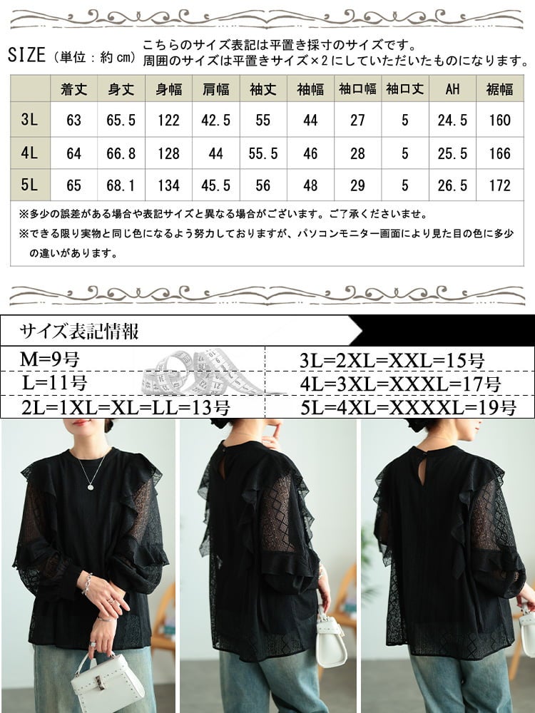 大きいサイズ レディース フリルショルダー幾何学柄レースブラウス