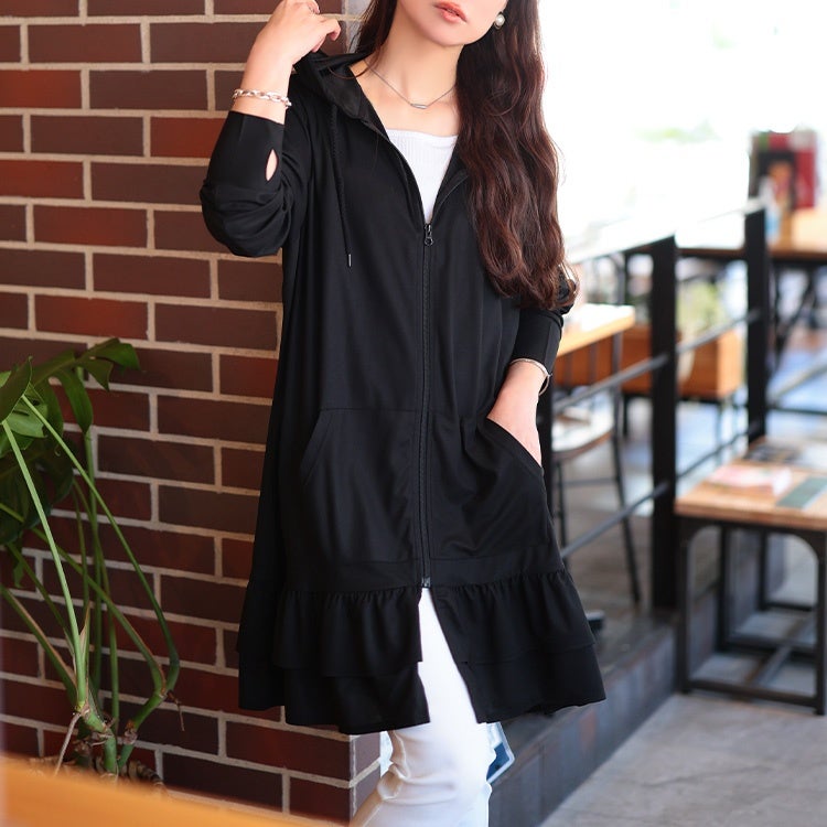 大きいサイズ レディース 吸水速乾＆UVカット＆遮熱ティアードZIPパーカー ブラック