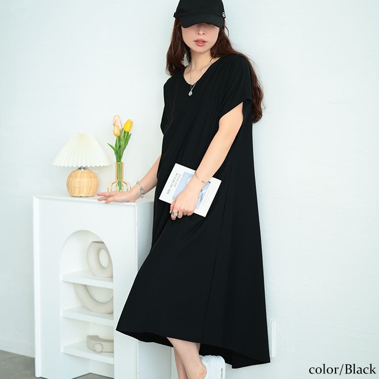 大きいサイズ レディース 吸水速乾＆UVカット肩タックワンピース ブラック