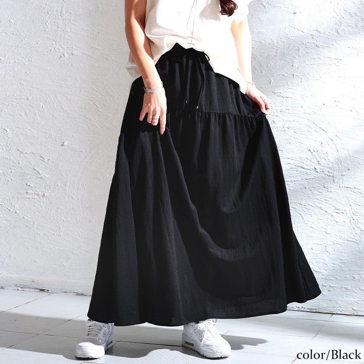 大きいサイズ レディース 接触冷感＆UVカット＆吸水速乾ティアードスカート ブラック