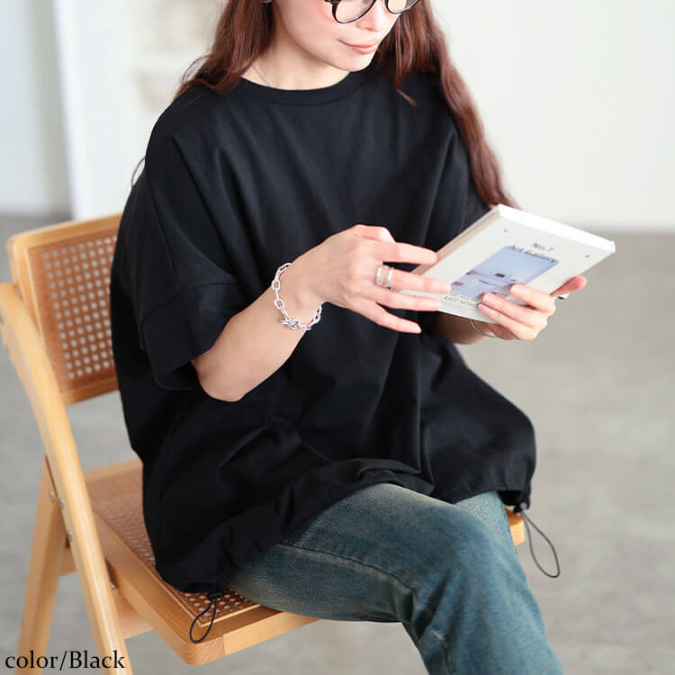 大きいサイズ レディース 裾ドロストコットンプルオーバー ブラック