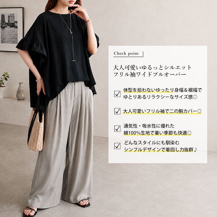 大きいサイズ レディース フリルスリーブコットンワイドプルオーバー