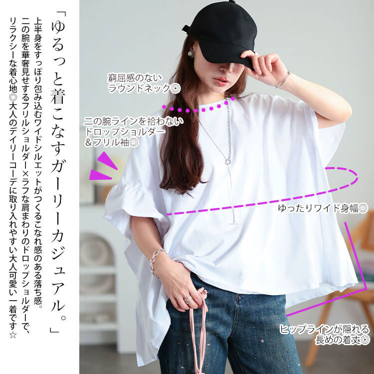 大きいサイズ レディース フリルスリーブコットンワイドプルオーバー