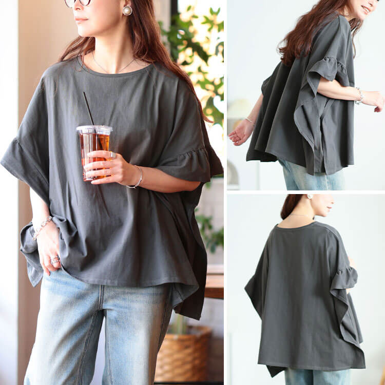 大きいサイズ レディース フリルスリーブコットンワイドプルオーバー