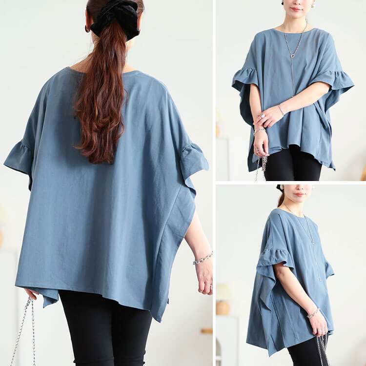 大きいサイズ レディース フリルスリーブコットンワイドプルオーバー