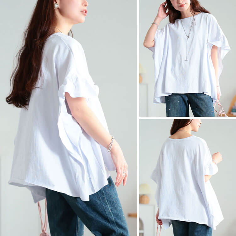 大きいサイズ レディース フリルスリーブコットンワイドプルオーバー