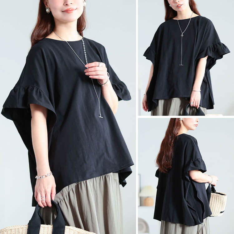 大きいサイズ レディース フリルスリーブコットンワイドプルオーバー