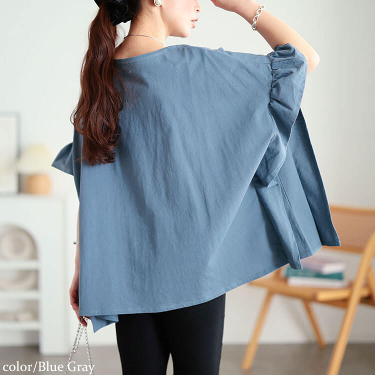 大きいサイズ レディース フリルスリーブコットンワイドプルオーバー ブルーグレー
