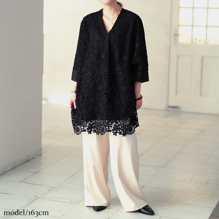 大きいサイズ レディース 花柄レースレイヤードドルマンチュニック