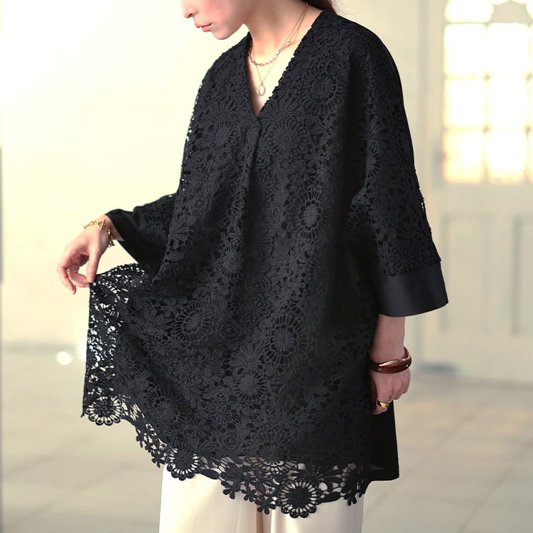 大きいサイズ レディース 花柄レースレイヤードドルマンチュニック