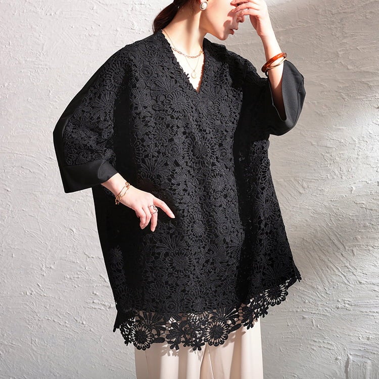 大きいサイズ レディース 花柄レースレイヤードドルマンチュニック