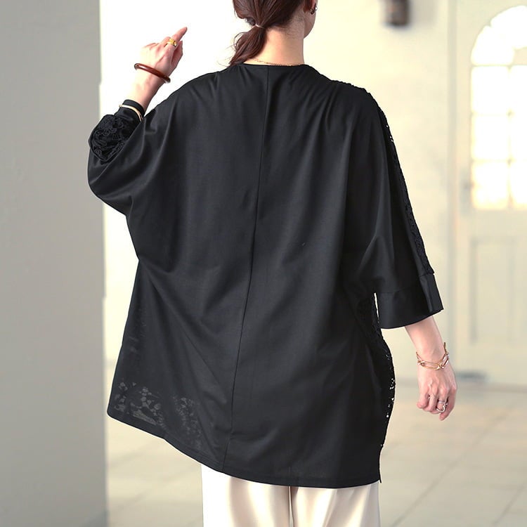 大きいサイズ レディース 花柄レースレイヤードドルマンチュニック
