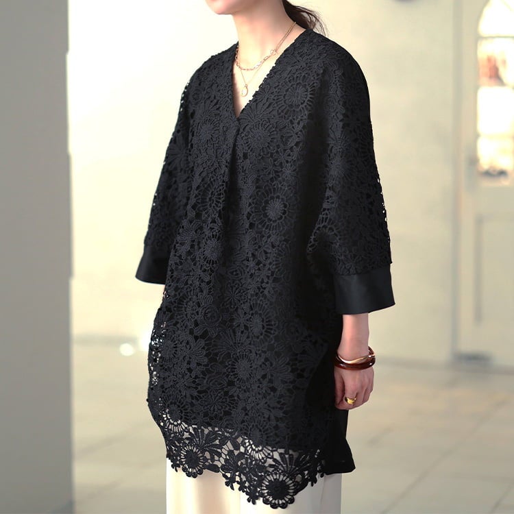 大きいサイズ レディース 花柄レースレイヤードドルマンチュニック
