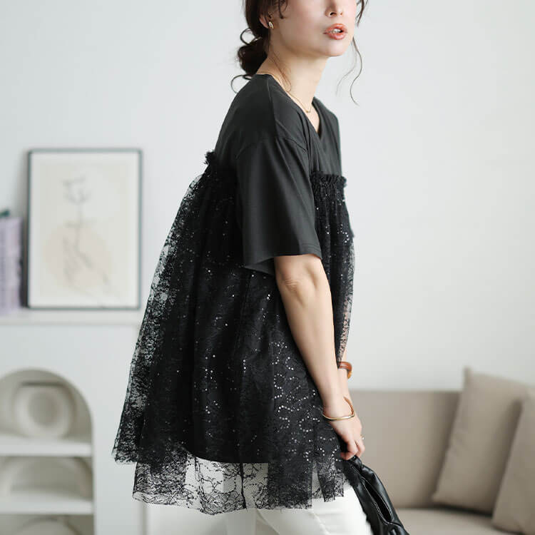 大きいサイズ レディース スパンコールレースビスチェ風チュニック