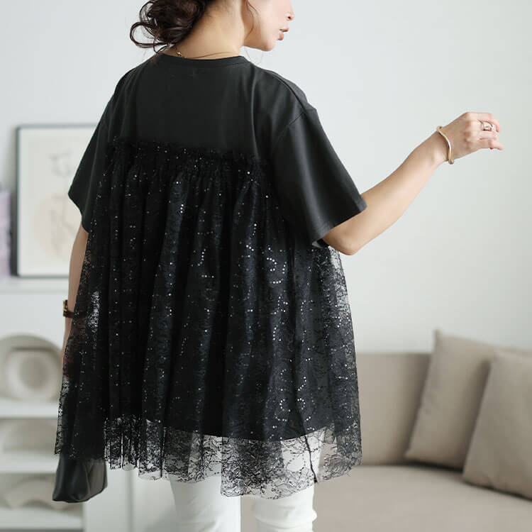 大きいサイズ レディース スパンコールレースビスチェ風チュニック