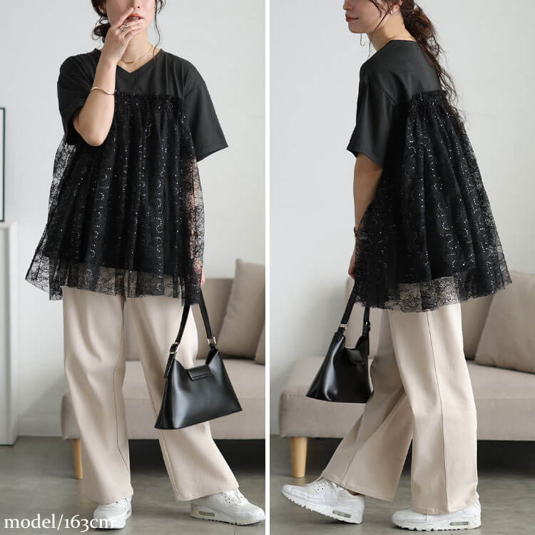 大きいサイズ レディース スパンコールレースビスチェ風チュニック