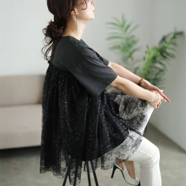 大きいサイズ レディース スパンコールレースビスチェ風チュニック