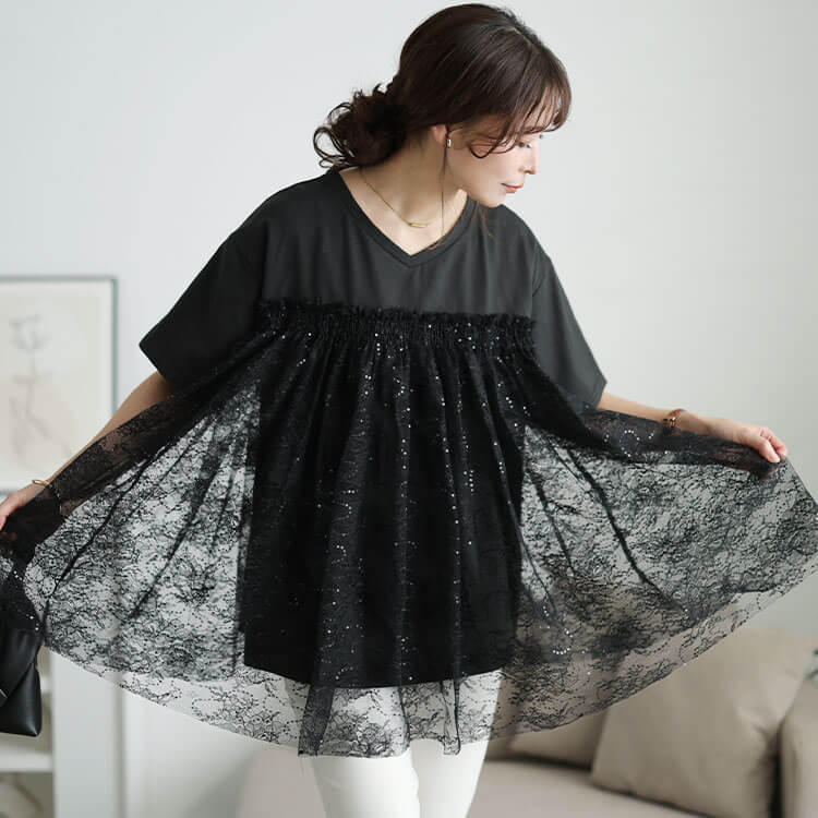 大きいサイズ レディース スパンコールレースビスチェ風チュニック