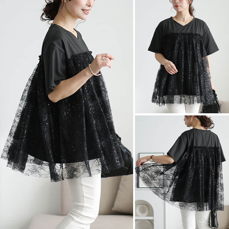 大きいサイズ レディース スパンコールレースビスチェ風チュニック