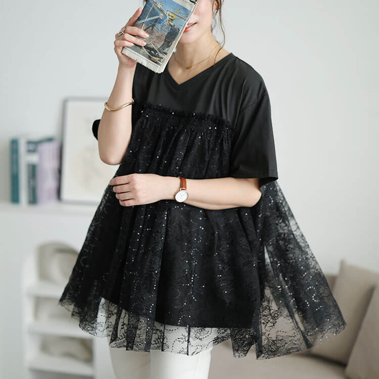 大きいサイズ レディース スパンコールレースビスチェ風チュニック