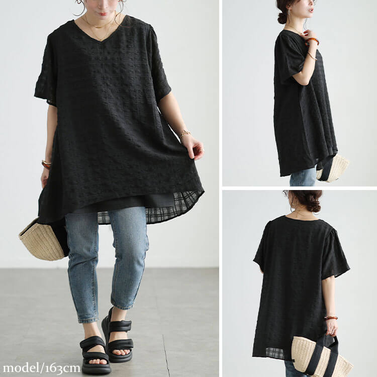 大きいサイズ レディース 異素材レイヤードVネックチュニック