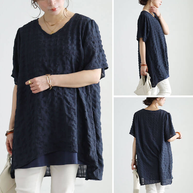 大きいサイズ レディース 異素材レイヤードVネックチュニック