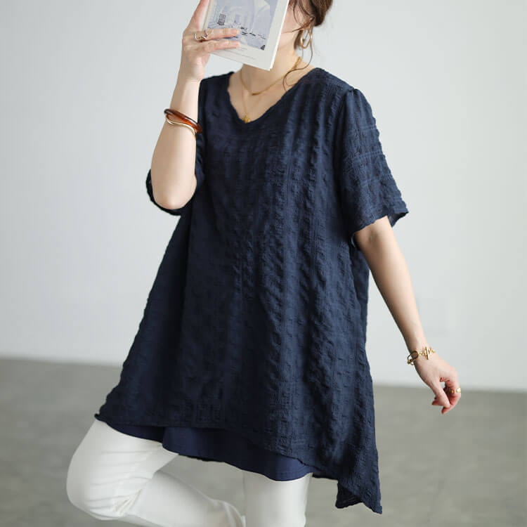 大きいサイズ レディース 異素材レイヤードVネックチュニック