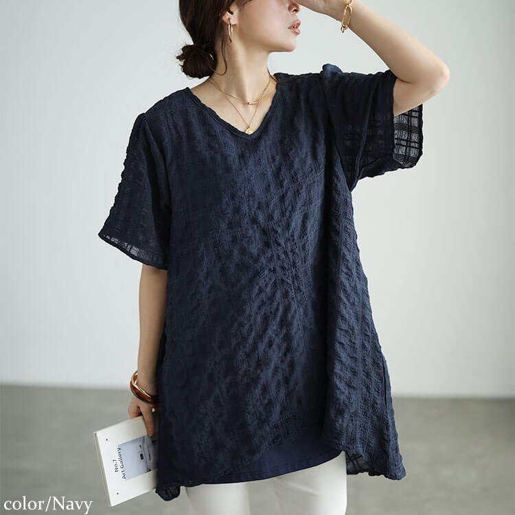 大きいサイズ レディース 異素材レイヤードVネックチュニック ネイビー