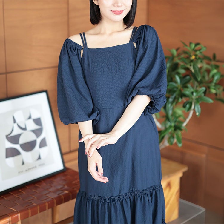 大きいサイズ レディース 3WAYギャザースリーブティアードワンピース