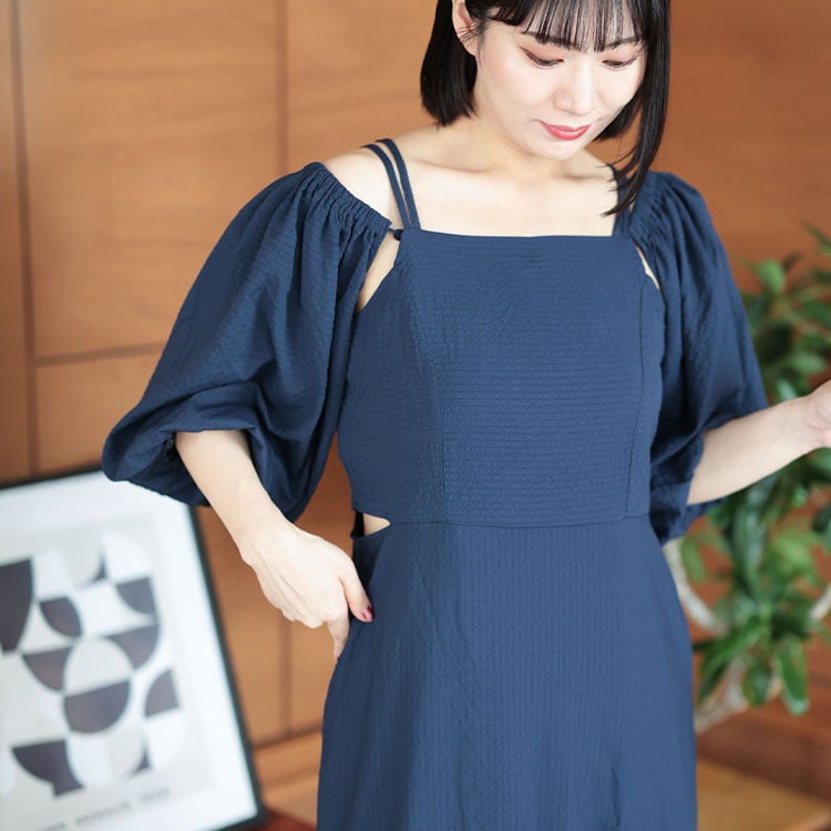 大きいサイズ レディース 3WAYギャザースリーブティアードワンピース