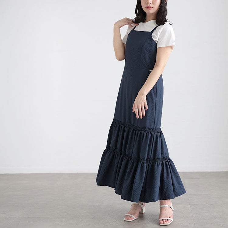 大きいサイズ レディース 3WAYギャザースリーブティアードワンピース