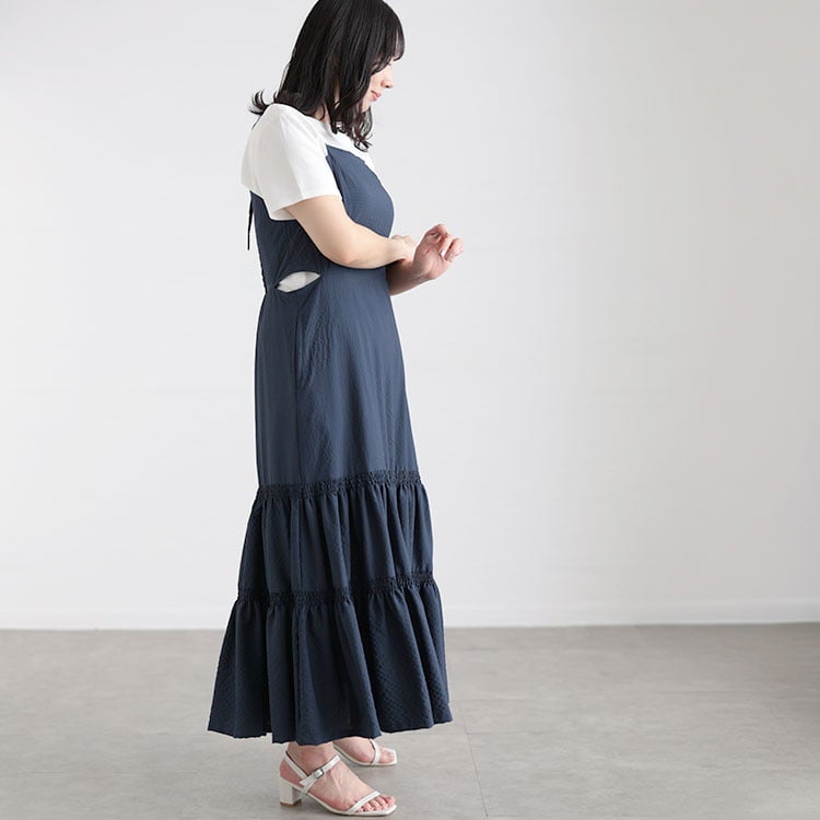 大きいサイズ レディース 3WAYギャザースリーブティアードワンピース