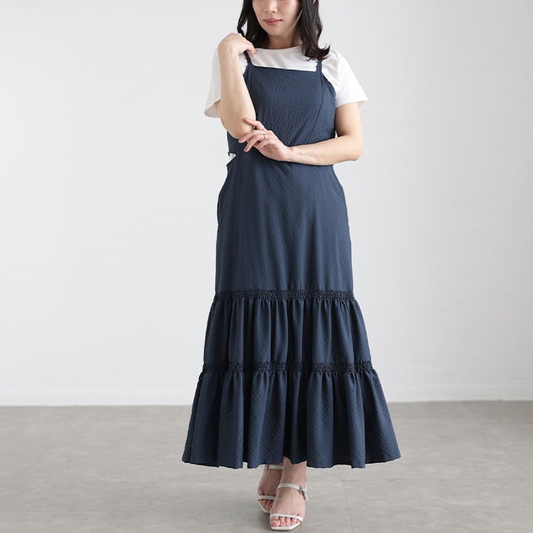 大きいサイズ レディース 3WAYギャザースリーブティアードワンピース