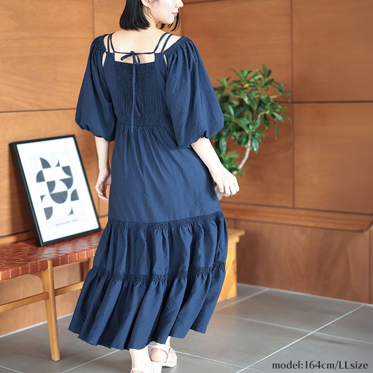 大きいサイズ レディース 3WAYギャザースリーブティアードワンピース ネイビー