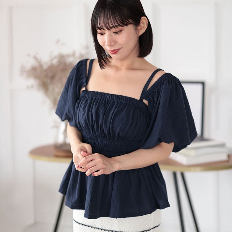 大きいサイズ レディース 3WAYシャーリングペプラムトップス