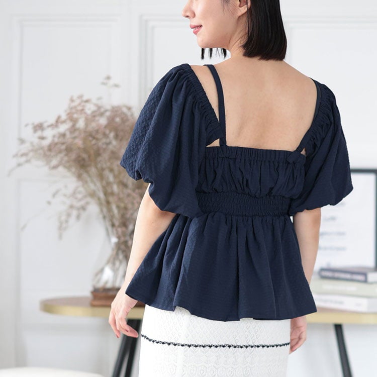 大きいサイズ レディース 3WAYシャーリングペプラムトップス