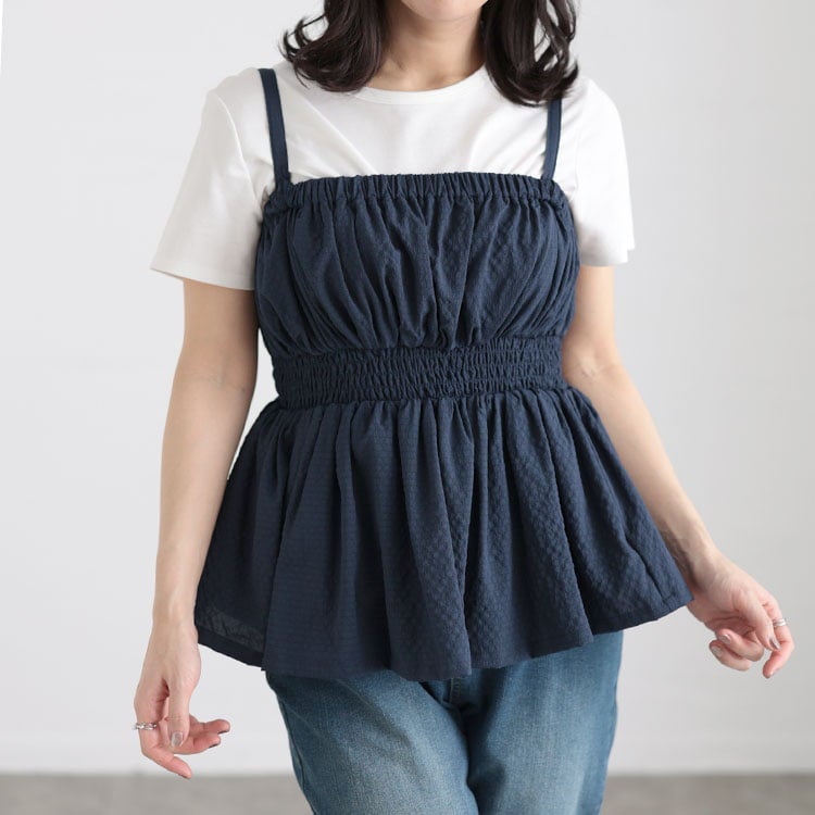 大きいサイズ レディース 3WAYシャーリングペプラムトップス