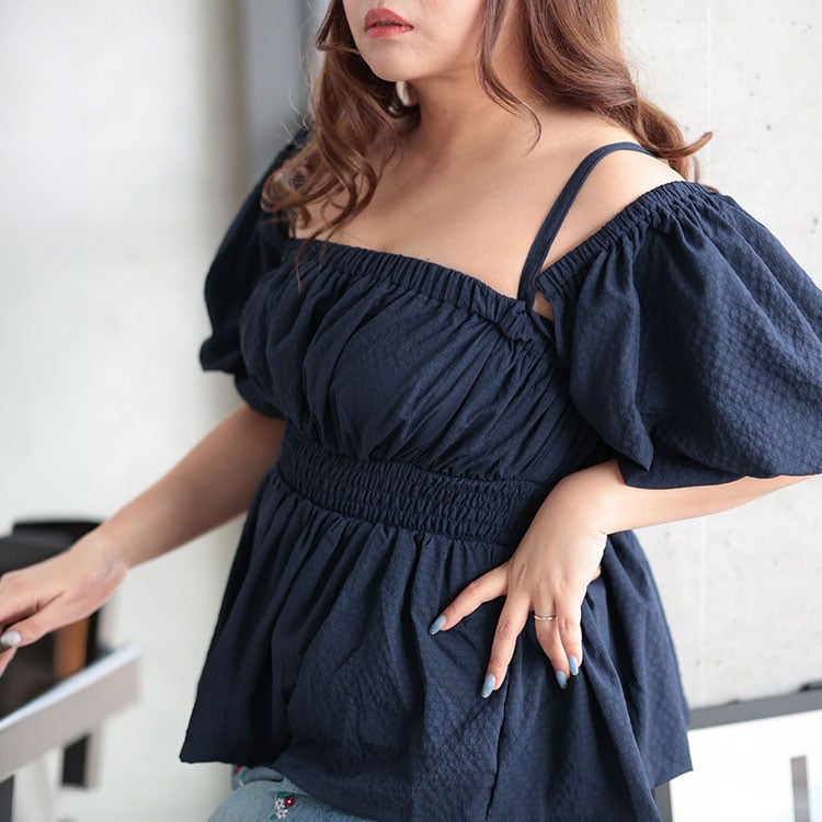 大きいサイズ レディース 3WAYシャーリングペプラムトップス