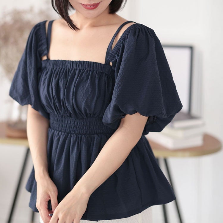 大きいサイズ レディース 3WAYシャーリングペプラムトップス ネイビー