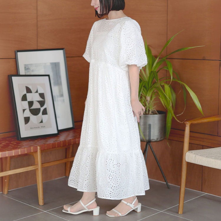 大きいサイズ レディース バルーンスリーブレースワンピース