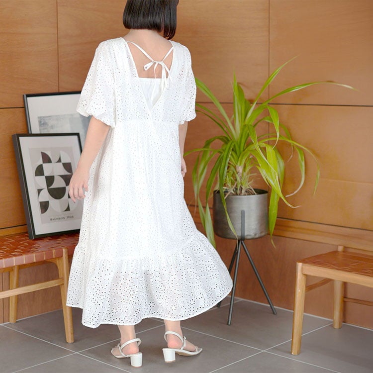 大きいサイズ レディース バルーンスリーブレースワンピース