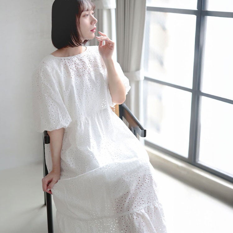 大きいサイズ レディース バルーンスリーブレースワンピース