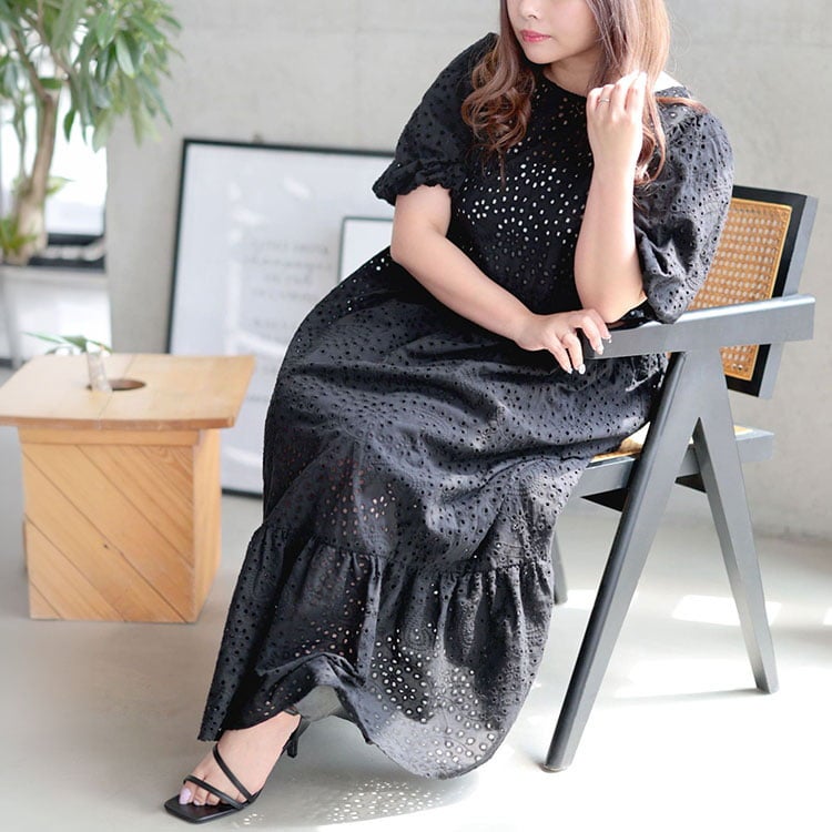 大きいサイズ レディース バルーンスリーブレースワンピース