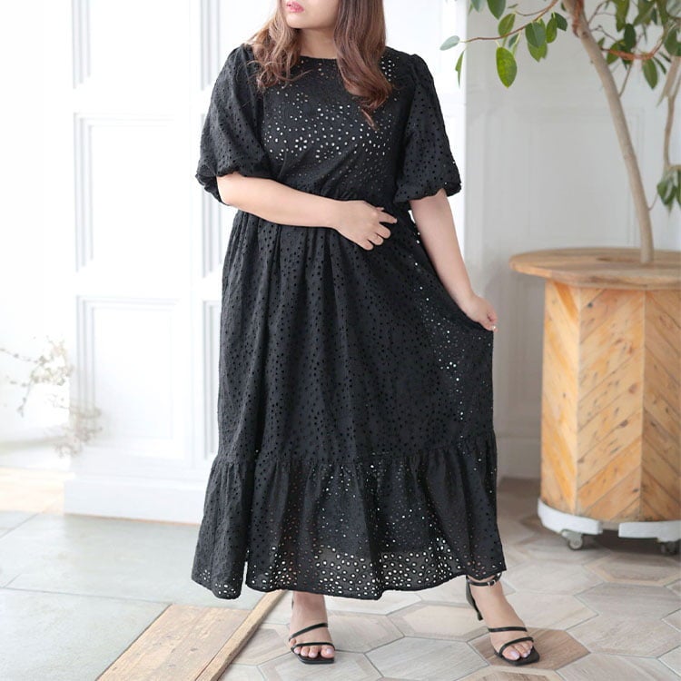 大きいサイズ レディース バルーンスリーブレースワンピース