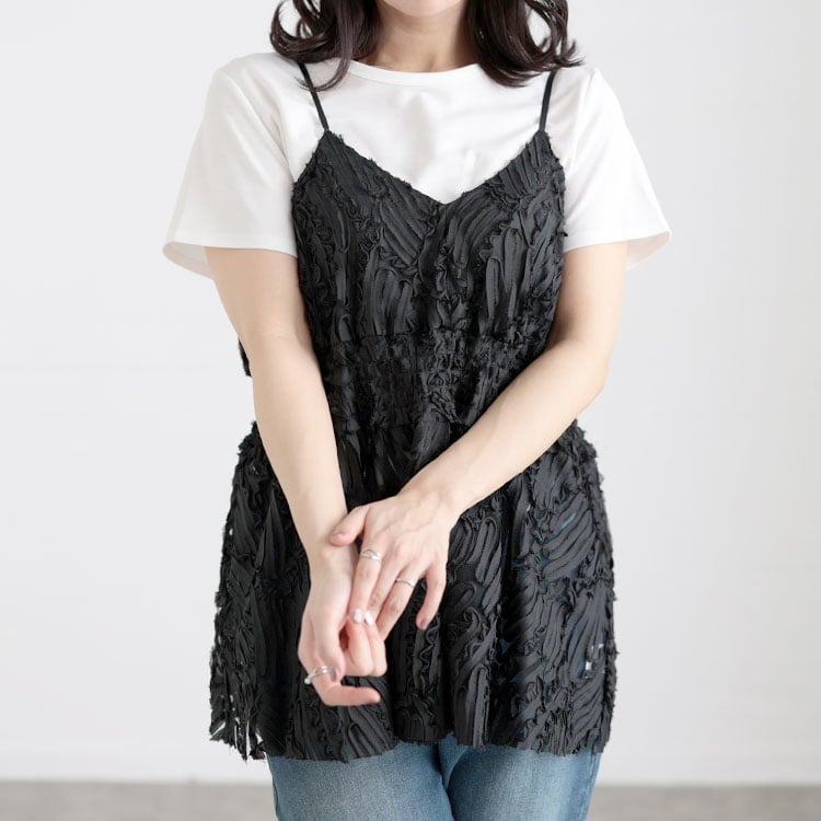 大きいサイズ レディース コード刺繍風キャミソール＆リブワンピースセットアップ