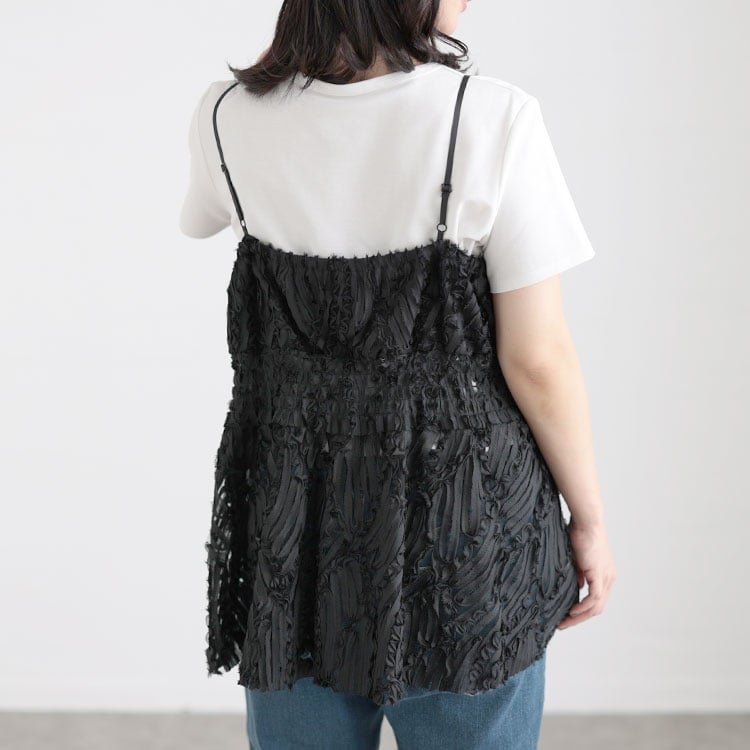 大きいサイズ レディース コード刺繍風キャミソール＆リブワンピースセットアップ