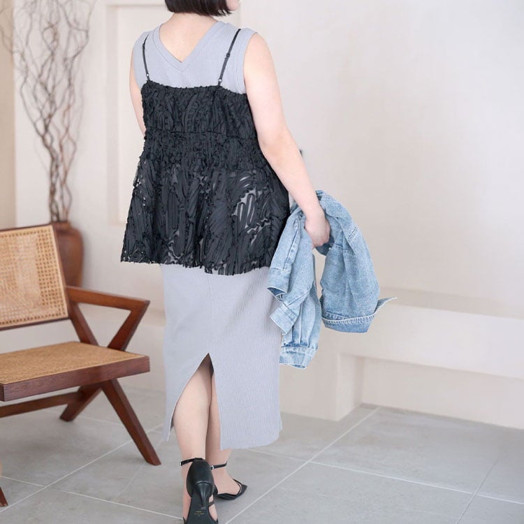 大きいサイズ レディース コード刺繍風キャミソール＆リブワンピースセットアップ