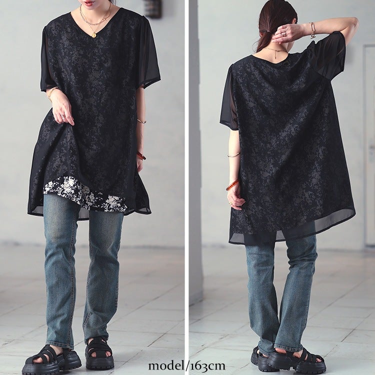 大きいサイズ レディース ニュアンス柄シフォンレイヤードチュニック