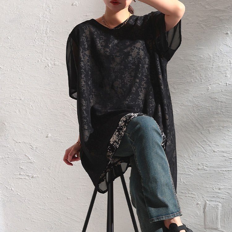 大きいサイズ レディース ニュアンス柄シフォンレイヤードチュニック